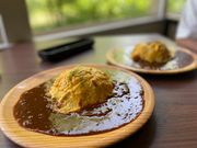 お昼のオムカレー。散策中にソフトクリーム、コロッケ、メロンパン…。食べ歩きもあるので、丁度良い量。